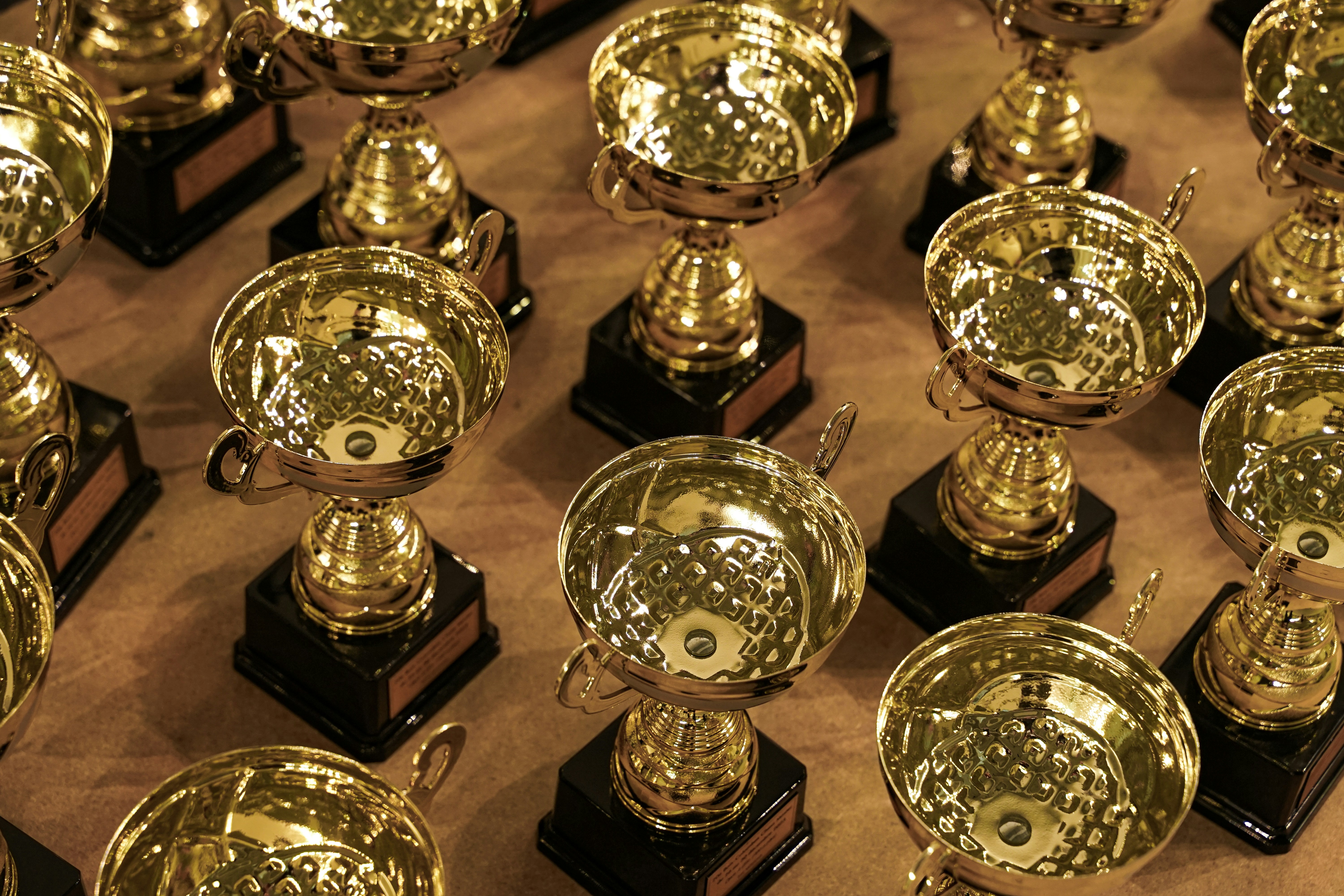 a bunch of trophies sitting on top of a table